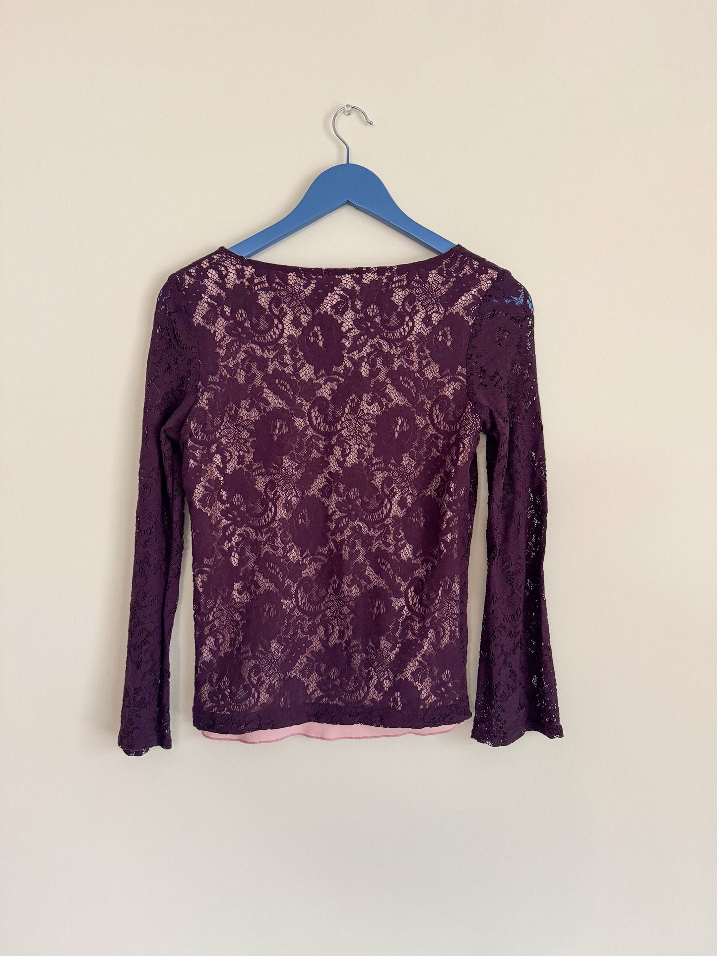 Y2K Plum Lace Swoop Neck Long Sleeve Top