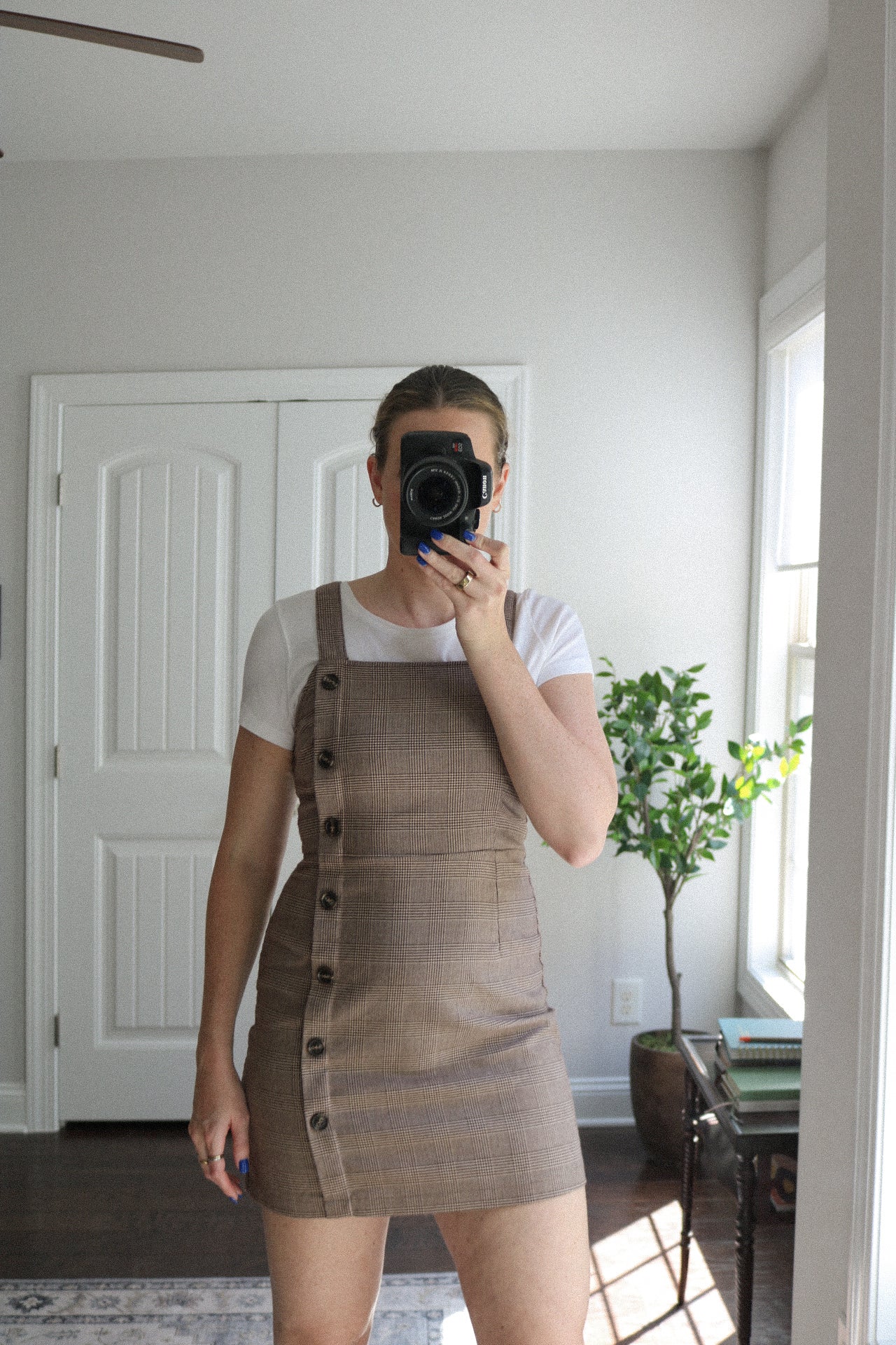 Plaid Button Overall Dress