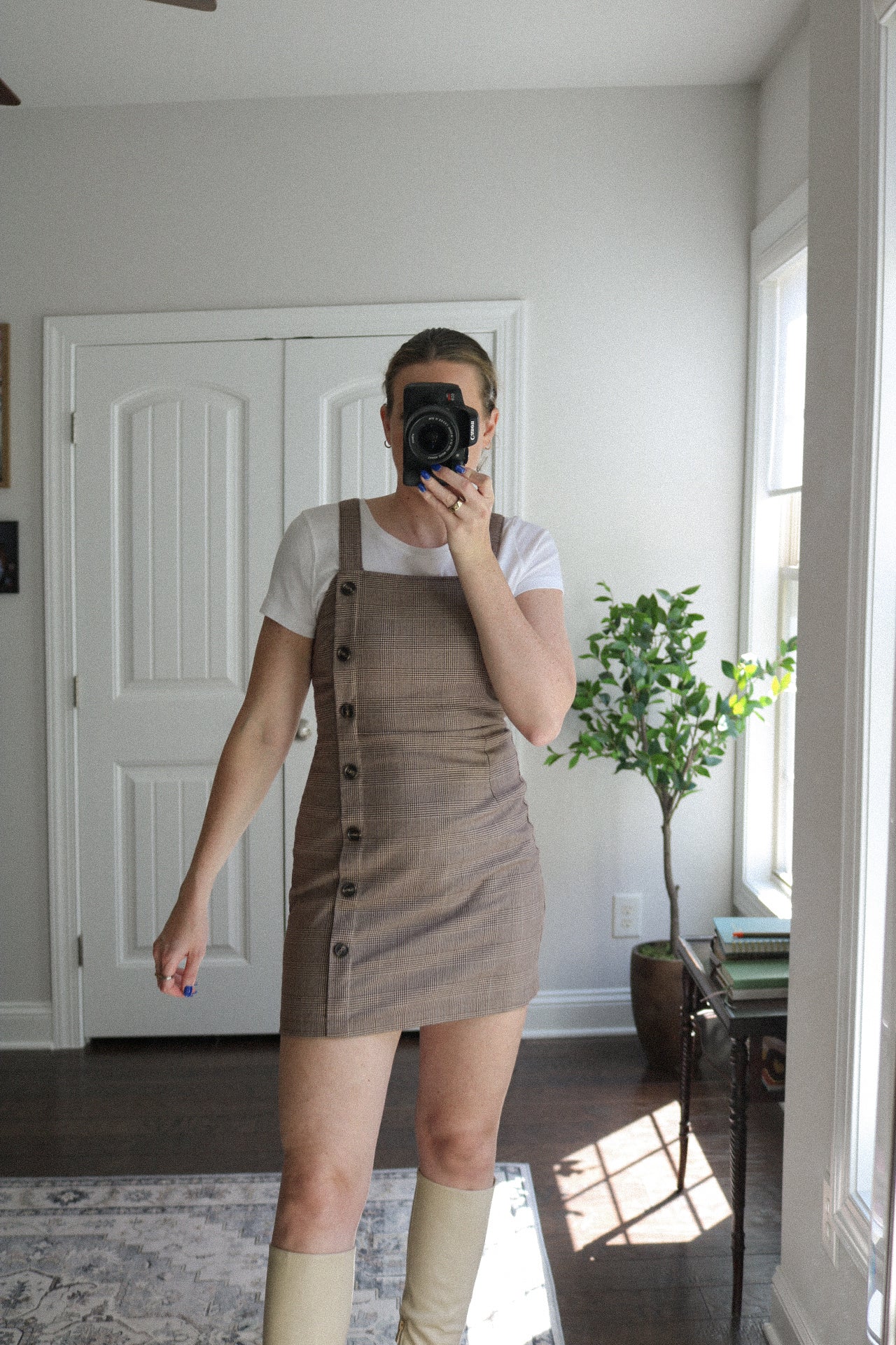 Plaid Button Overall Dress
