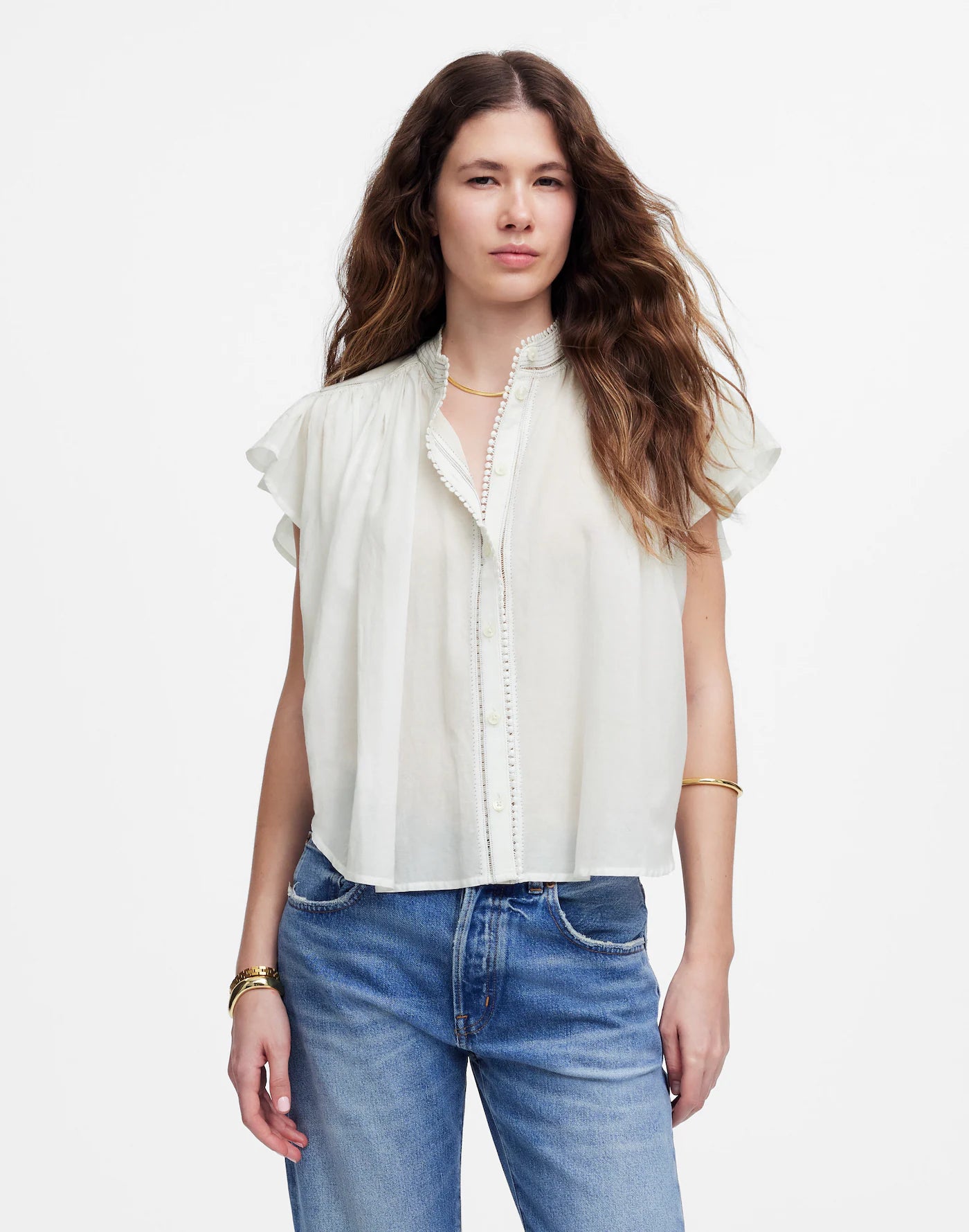 Madewell Shirred-Lace Trim Top