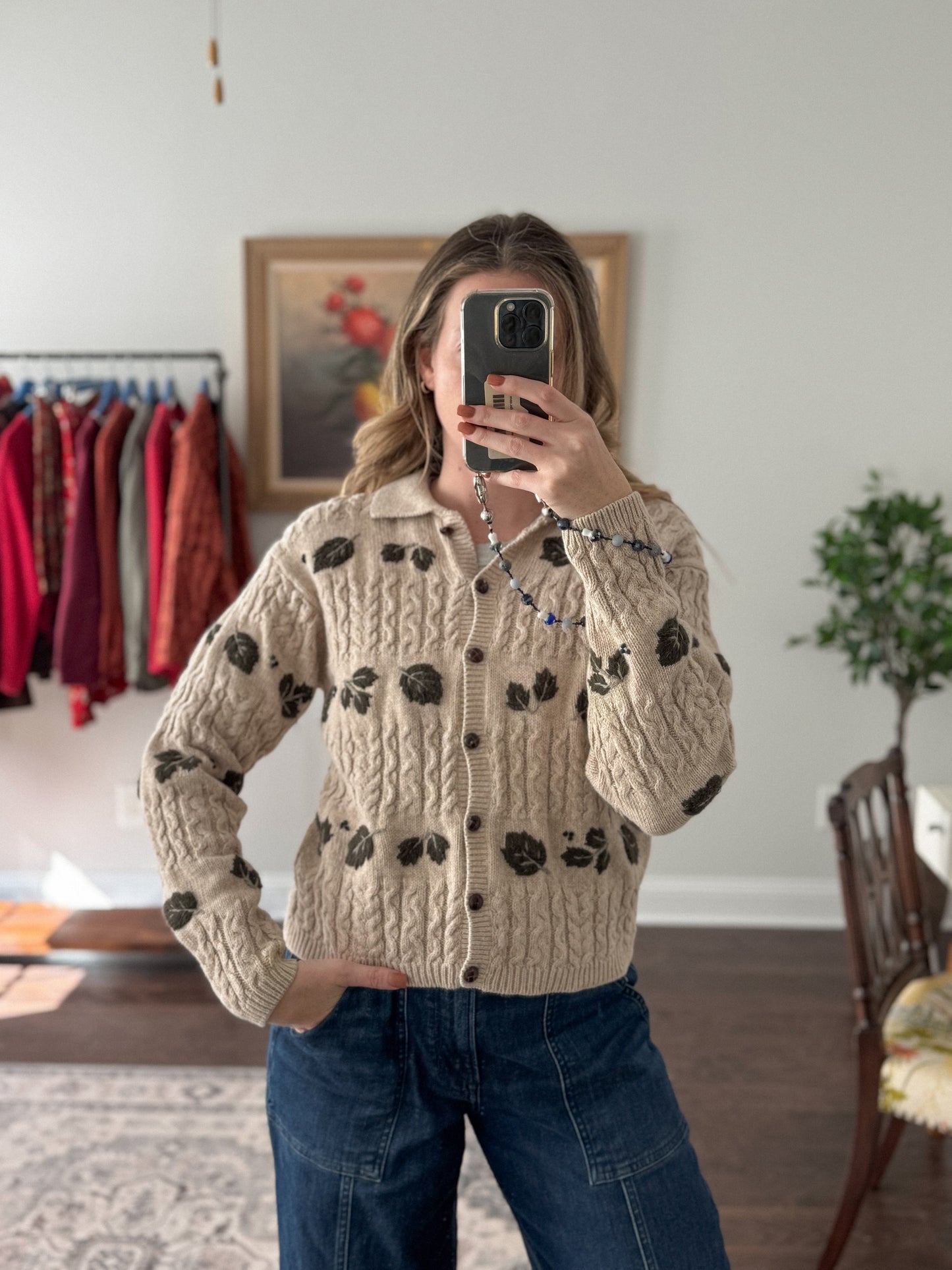 Vintage Fall Leaves Knit Cardigan