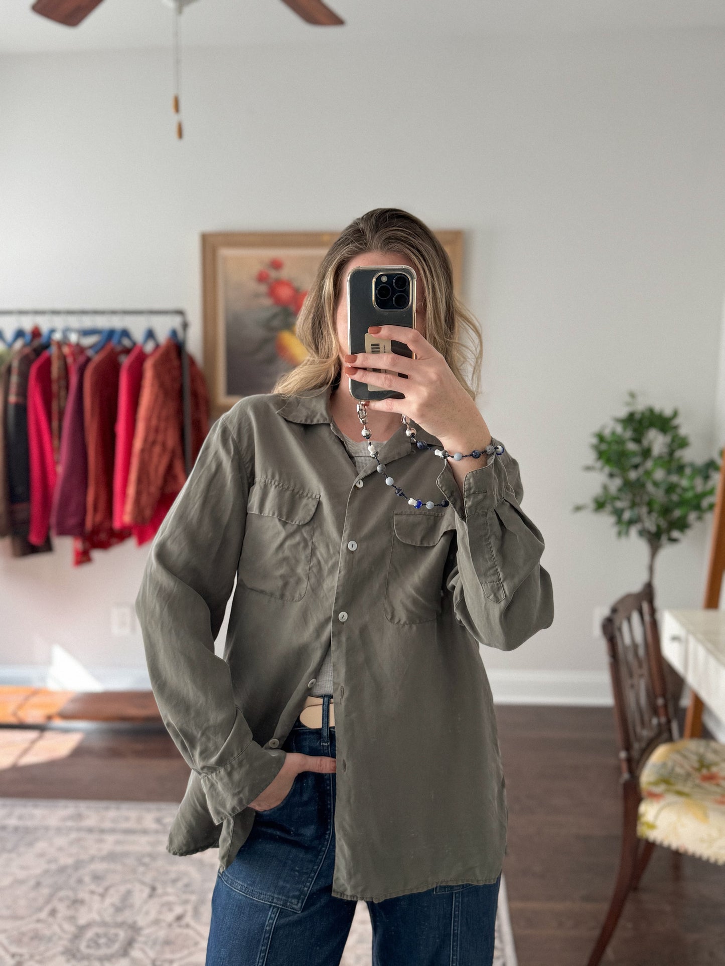 Vintage Olive Pure Silk Button Up