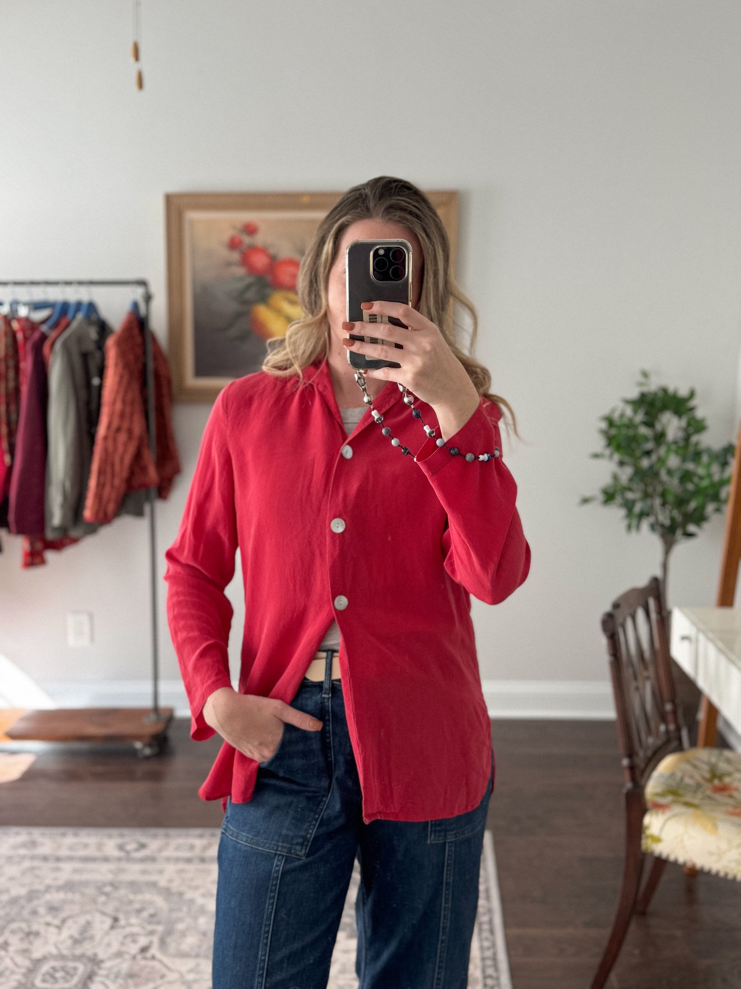 Vintage Red Pure Silk Button Up