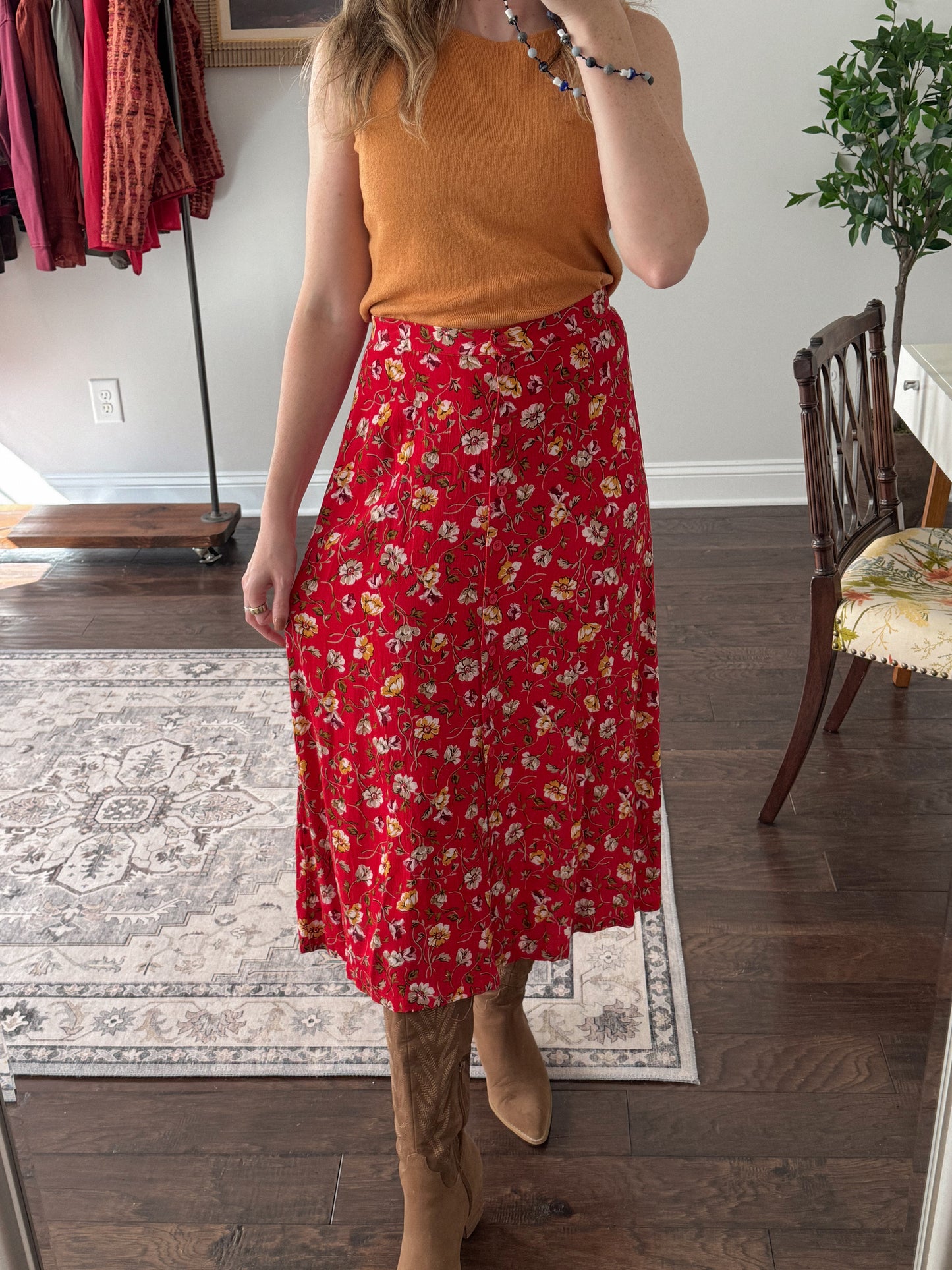 Vintage Red Floral Button Midi Skirt (29)