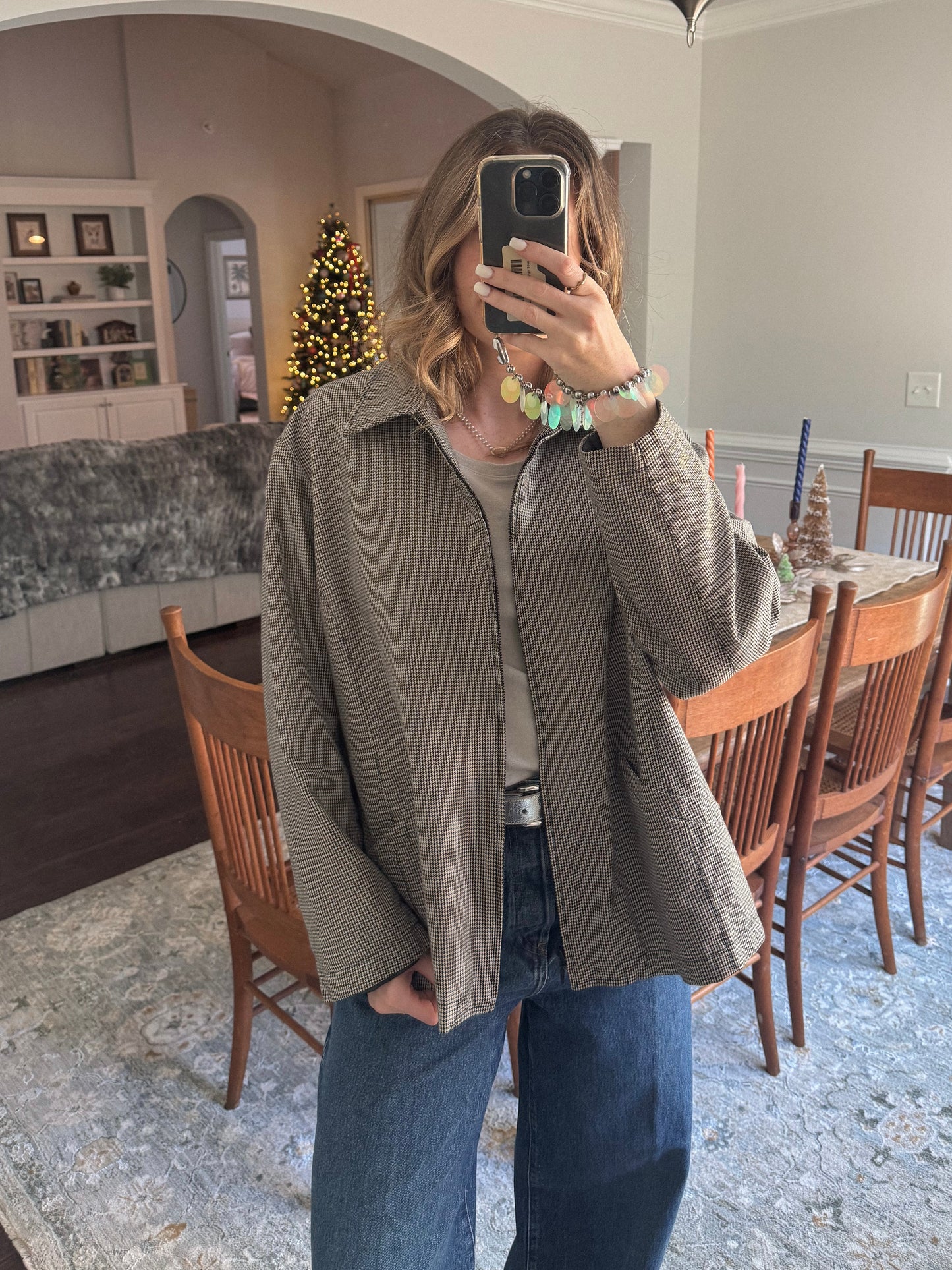 Early 1990's Houndstooth Zip Up Jacket | Size L