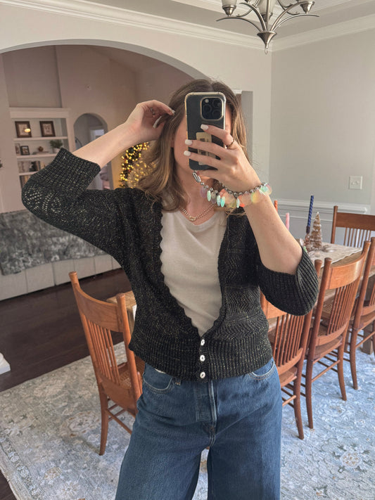 1990's Black Shimmer Cropped Knit Cardigan | Size M