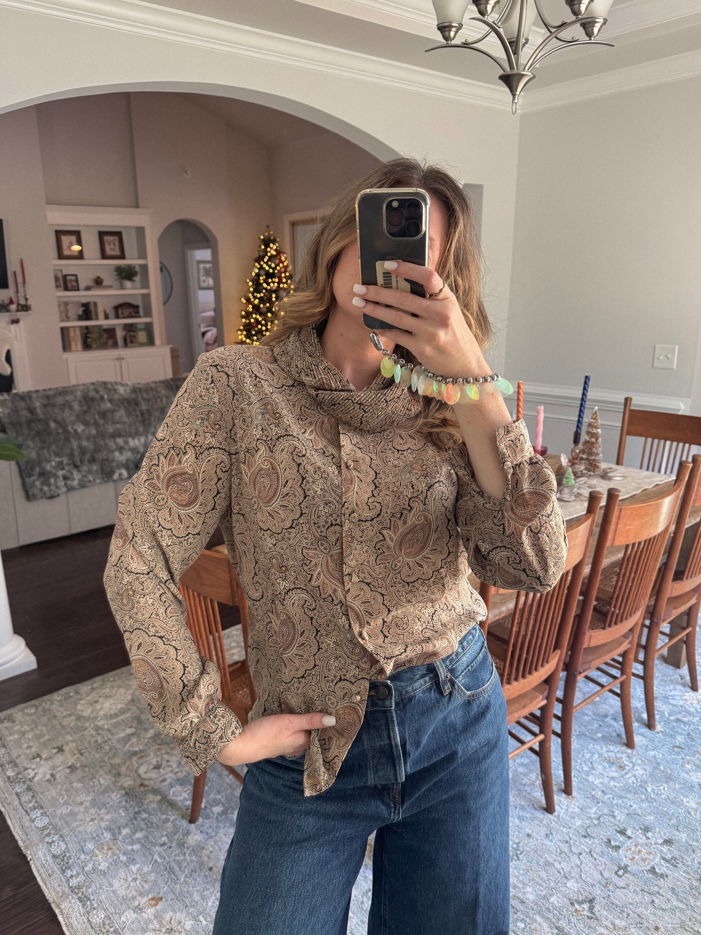 1970's Paisley Cowl Neck Button Up Top | Size S/M