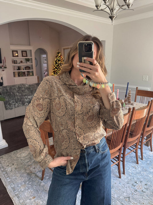 1970's Paisley Cowl Neck Button Up Top | Size S/M
