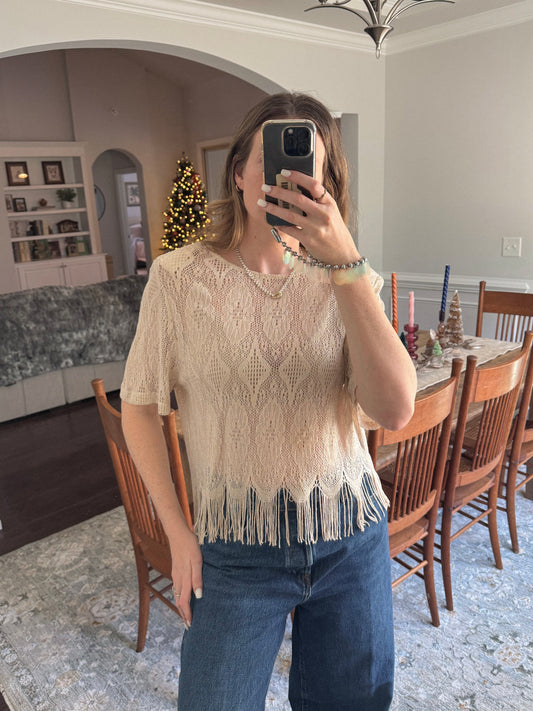 1980's Lace Cropped Fringe Shimmer Top | Size M/L