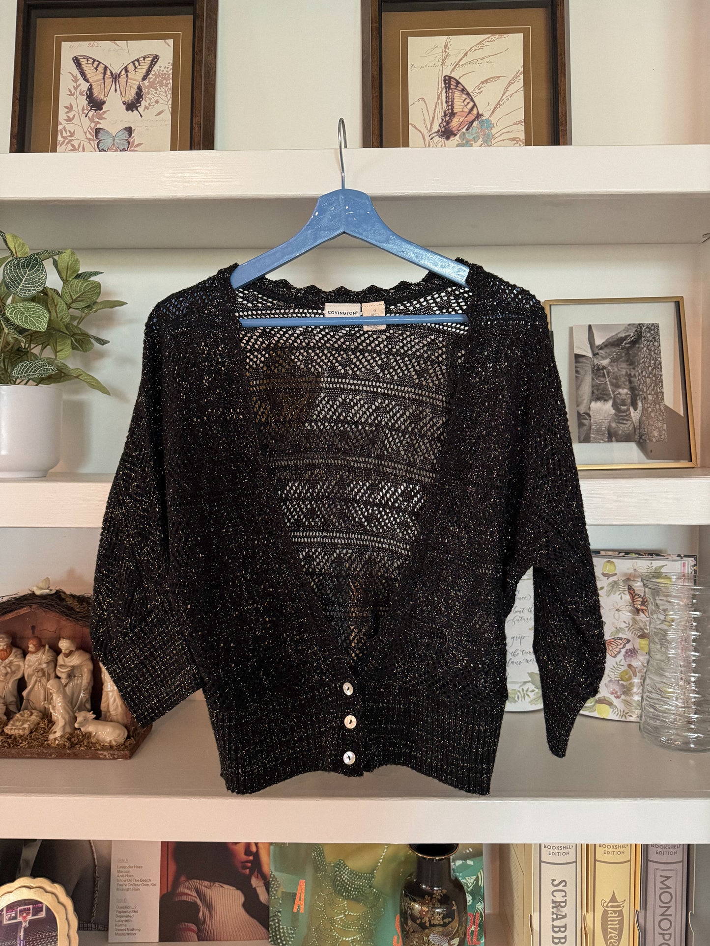 1990's Black Shimmer Cropped Knit Cardigan | Size M