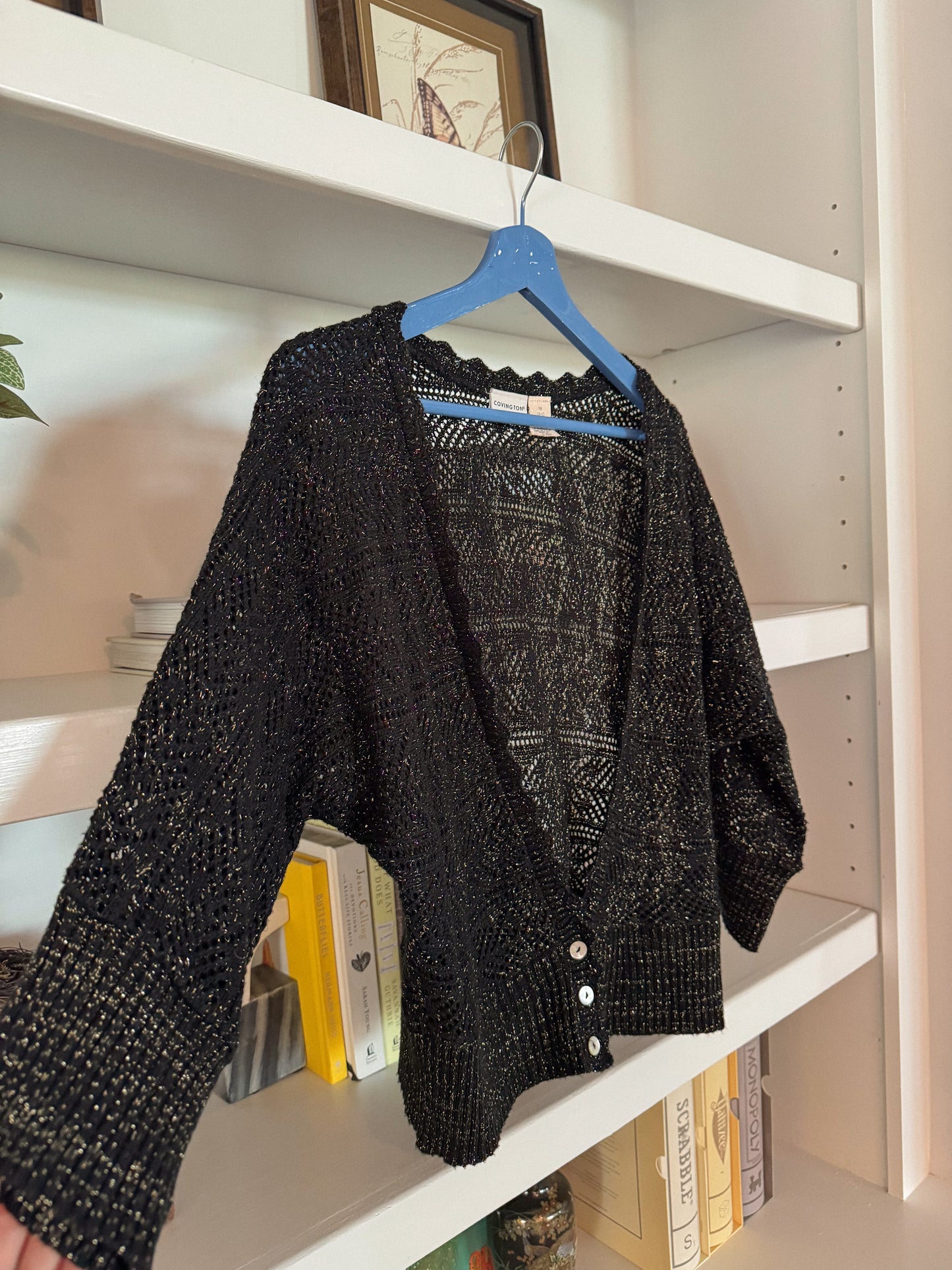 1990's Black Shimmer Cropped Knit Cardigan | Size M