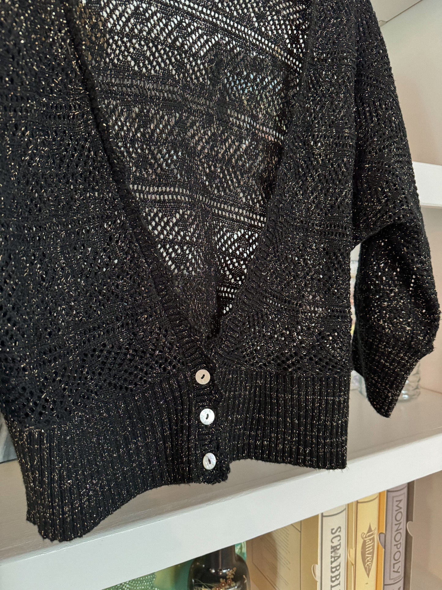 1990's Black Shimmer Cropped Knit Cardigan | Size M