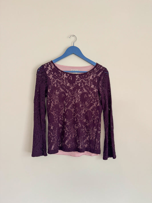 Y2K Plum Lace Swoop Neck Long Sleeve Top