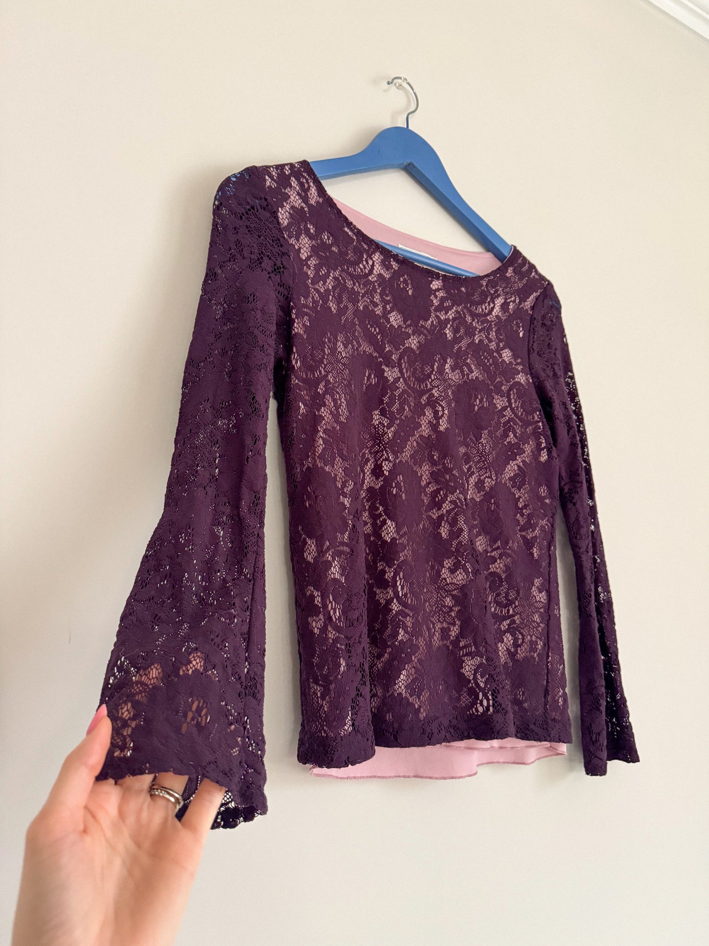 Y2K Plum Lace Swoop Neck Long Sleeve Top