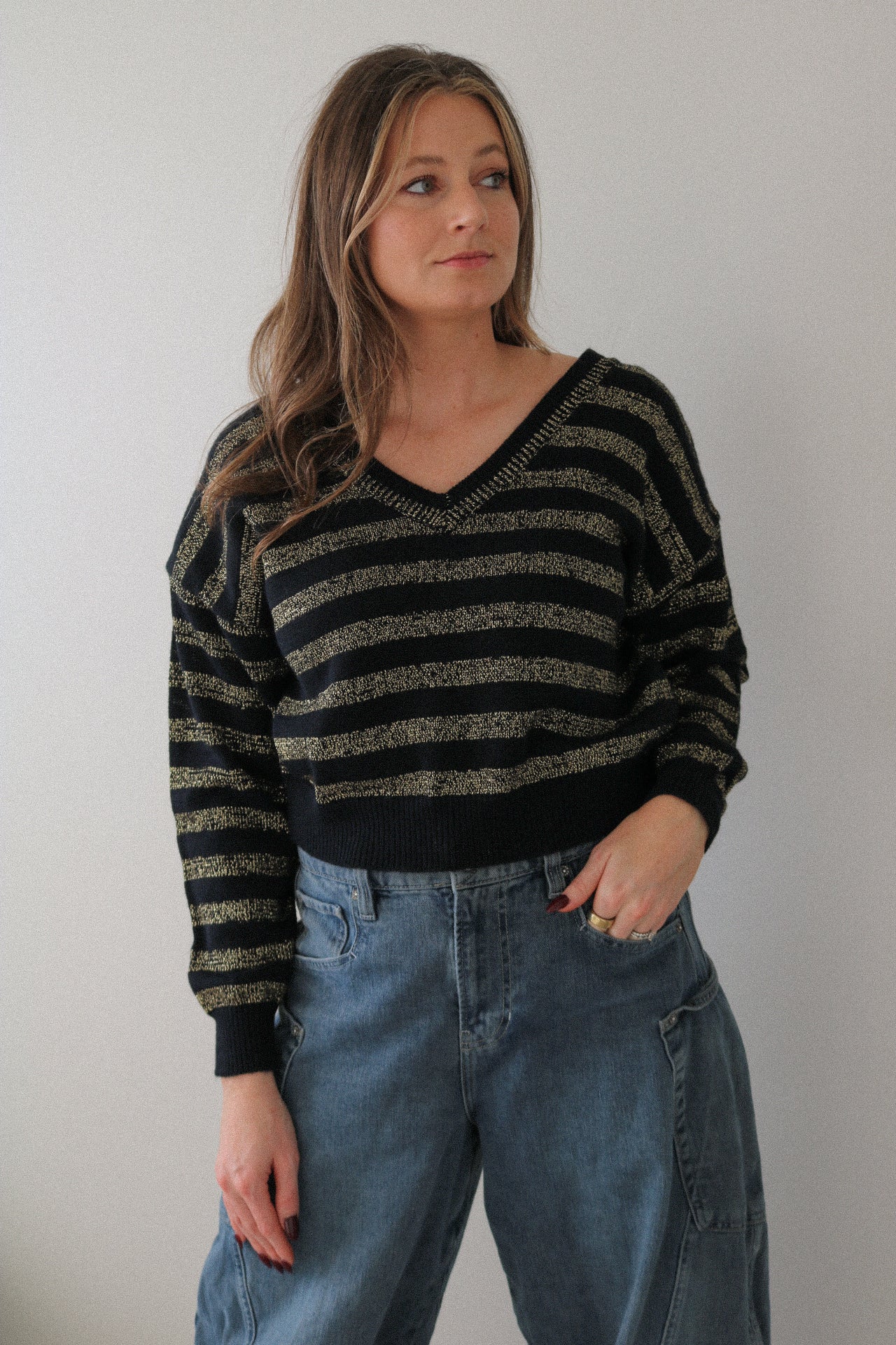 Vintage Shimmer Striped V Neck Sweater