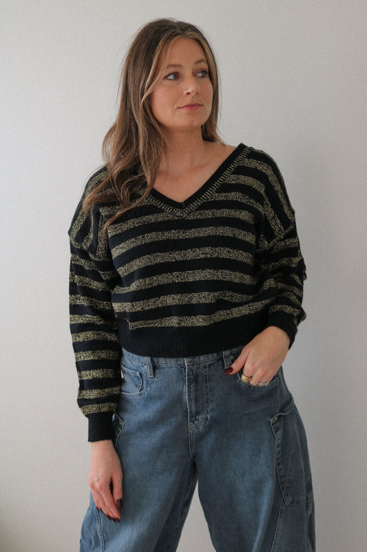 Vintage Shimmer Striped V Neck Sweater