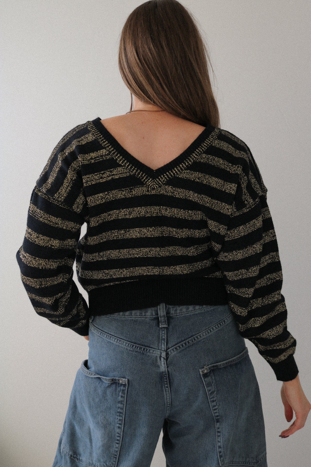 Vintage Shimmer Striped V Neck Sweater
