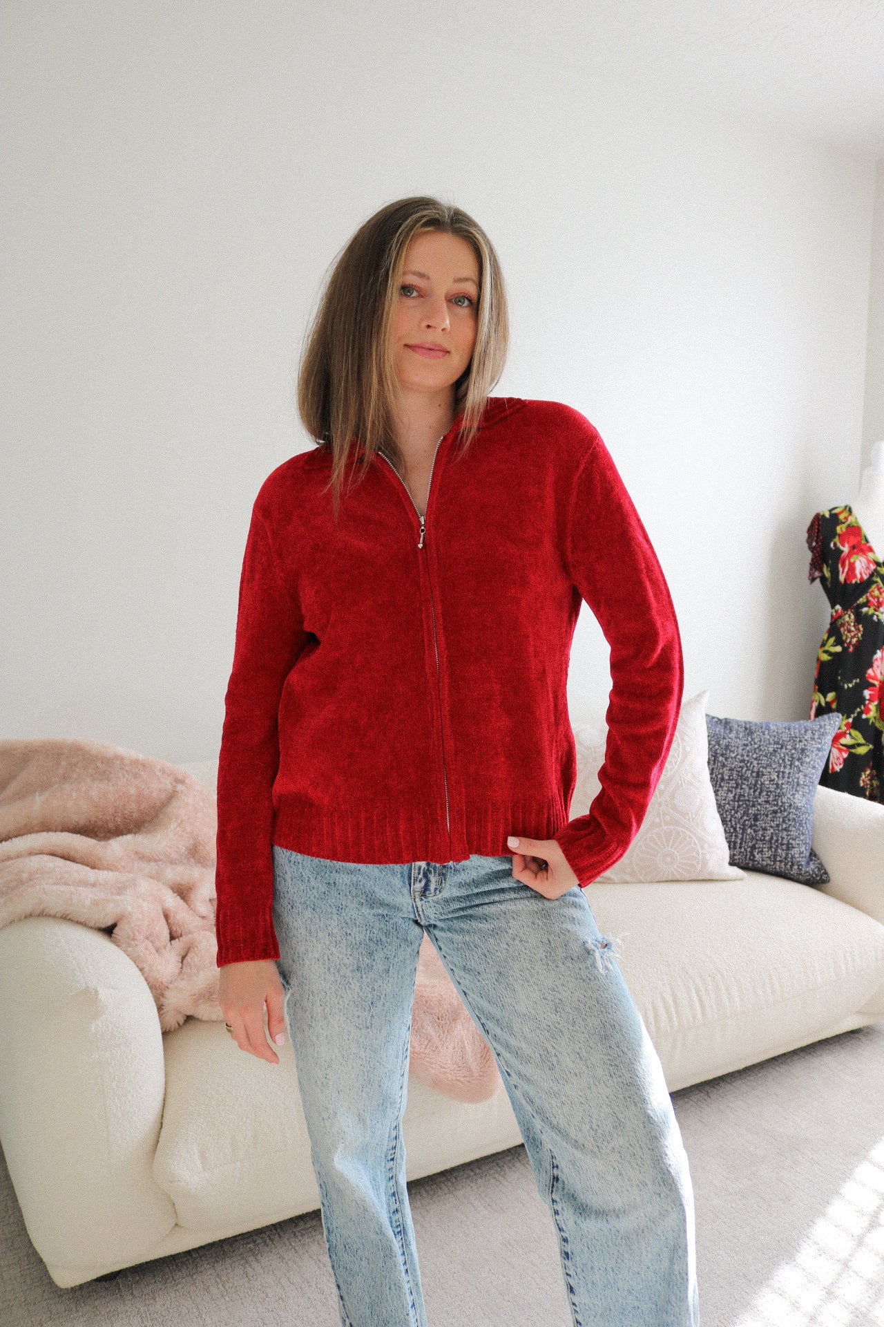 Vintage Red Zip Up Sweater