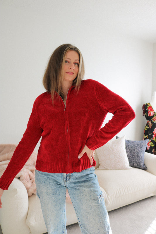 Vintage Red Zip Up Sweater