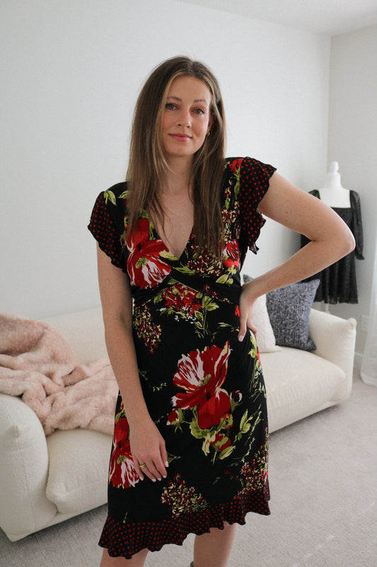 Vintage Red & Black Floral Dress