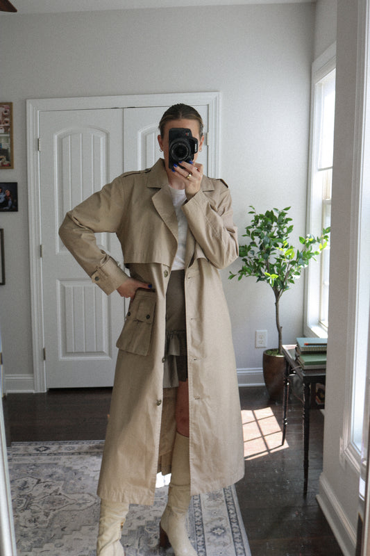 Vintage Leather Accent Trench Coat