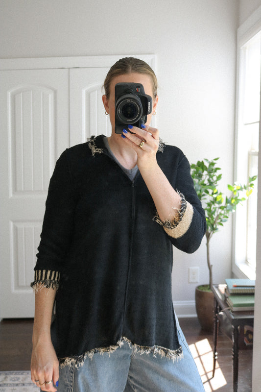 Vintage Fringe Hem Half Zip Sweater