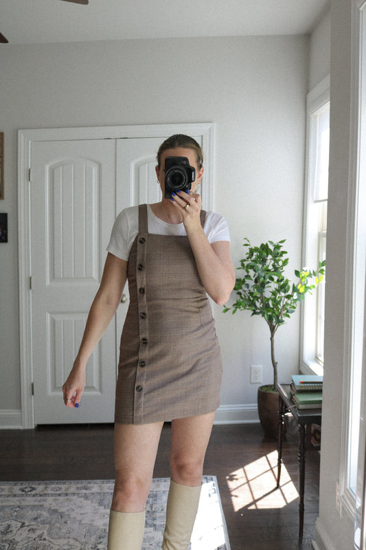 Plaid Button Overall Dress