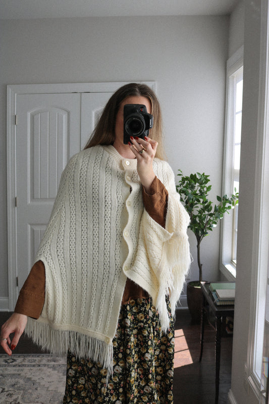 Vintage Hand-Knit Fringe Poncho