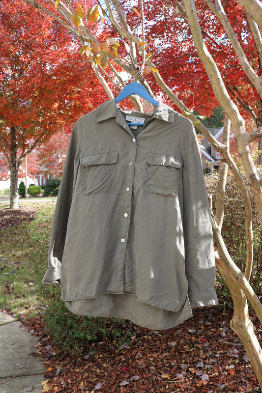 Vintage Olive Pure Silk Button Up